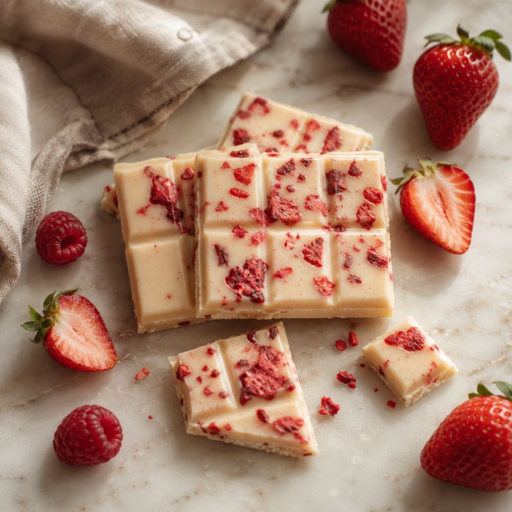Weiße Schokolade mit Erdbeeren und Beeren auf hellem Marmor
