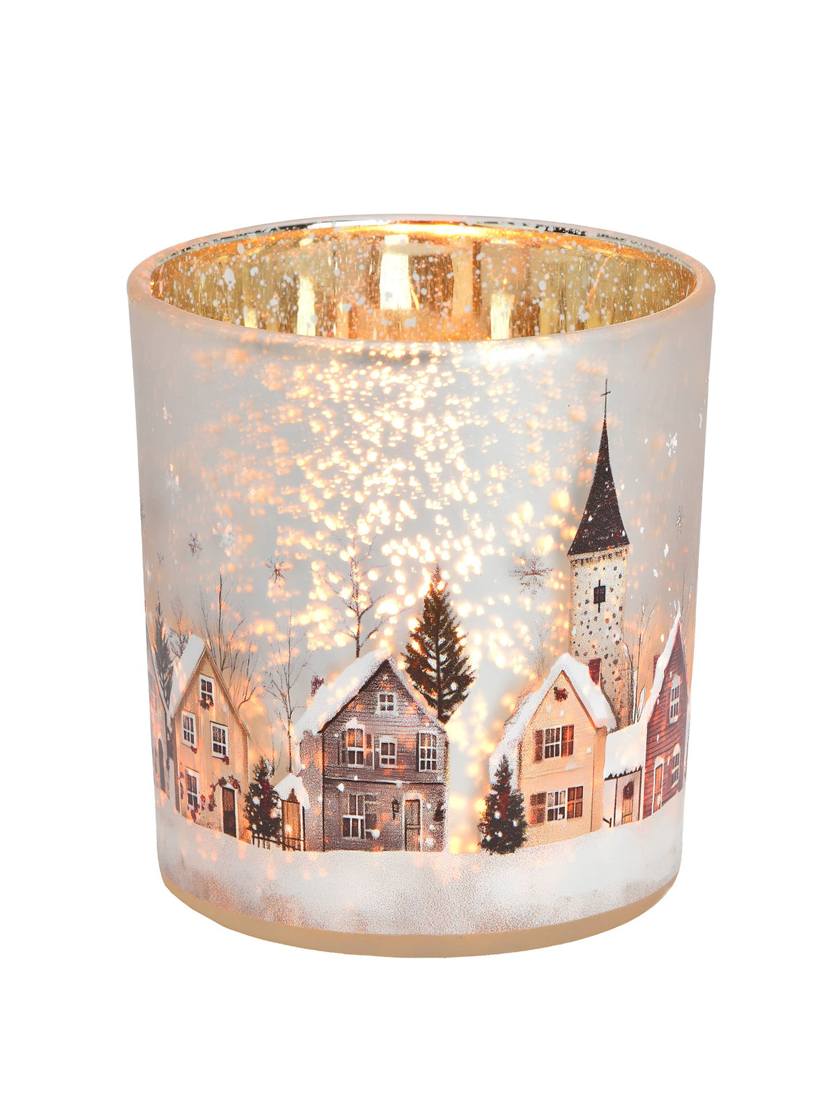 Graues Windlicht aus Glas 7x8x7cm von G. Wurm mit winterlichem Häuser- und Kirchenmotiv
