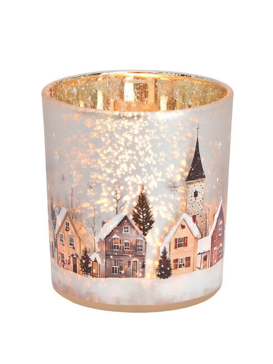 Graues Windlicht aus Glas 7x8x7cm von G. Wurm mit winterlichem Häuser- und Kirchenmotiv