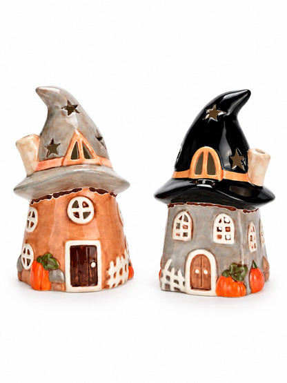Windlicht Hexenhaus Halloween aus Keramik von G. Wurm in den Farbvarianten Grau Schwarz und Orange Grau