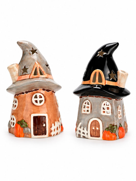 Windlicht Hexenhaus Halloween aus Keramik von G. Wurm in den Farbvarianten Grau Schwarz und Orange Grau