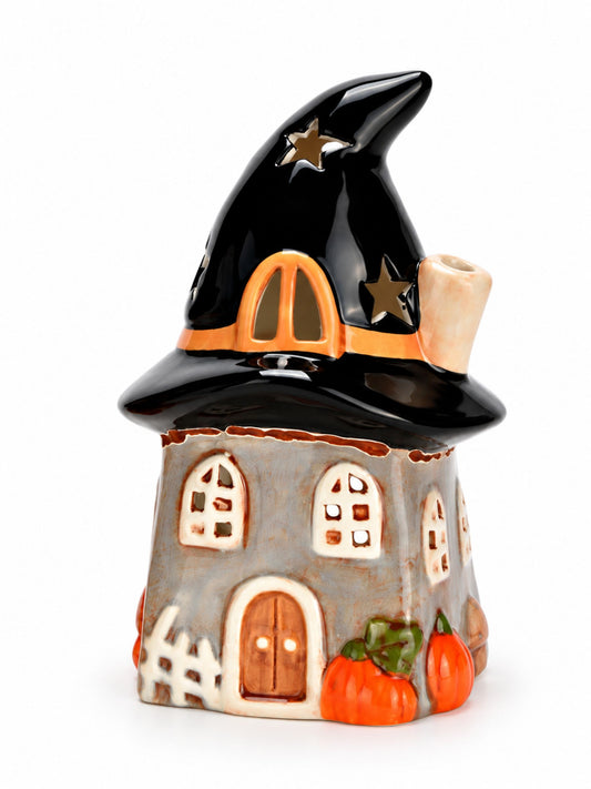 Windlicht Hexenhaus Halloween aus Keramik in Grau Schwarz von G. Wurm