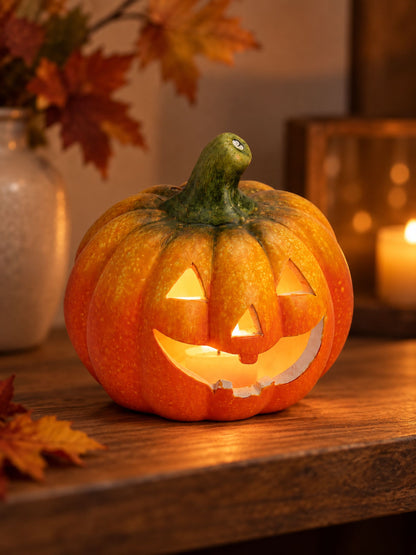 Leuchtendes Windlicht Kürbis aus Ton von G. Wurm als herbstliche Halloween-Dekoration auf einem Holztisch