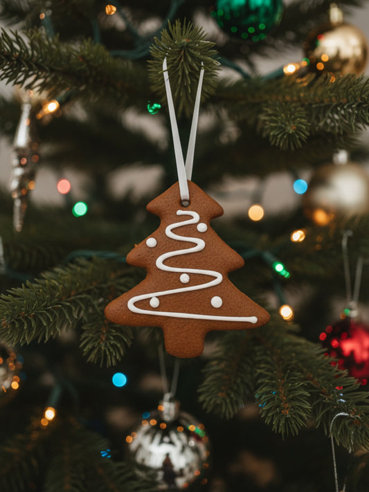 Lebkuchen Baumbehang "Weihnachtsbaum" 15 g.  Handgebackener Lebkuchen mit weißem Band zum Aufhängen von der Woletz Lebkuchen-Manufaktur. Erhältlich in der Dreyer Confiserie in der Rattenfängerstadt Hameln.