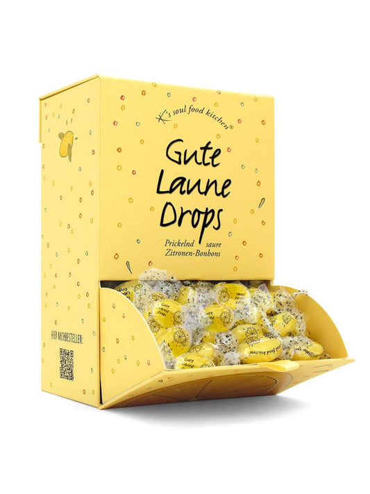 Gute Laune Drops im 1 kg Dispenser – prickelnd saure Zitronenbonbons mit Brausekern, erhältlich in der Dreyer Confiserie in der Rattenfängerstadt Hameln.